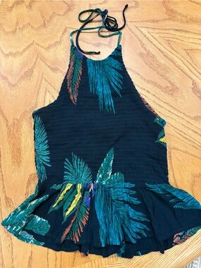 Patrons of Peace Teal & Navy Smocked Top with Tropical Print Medium Peplum Boho